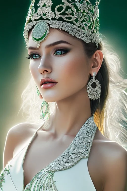 hyper realistic, ultra detailed photograph of a woman, happy, white gold jewelry, very nice dark green velvet dress ,standing fashion pose ,pretty high heels,full body shot,shiny, sunlight godrays, depth of field, HOF, hall of fame, detailed gorgeous face, apocalyptic environment, natural body posture, professional photographer, captured with professional DSLR camera, trending on Artstation, 64k, ultra detailed, ultra accurate detailed, bokeh lighting, surrealism, Thomas Kinkade background, urba