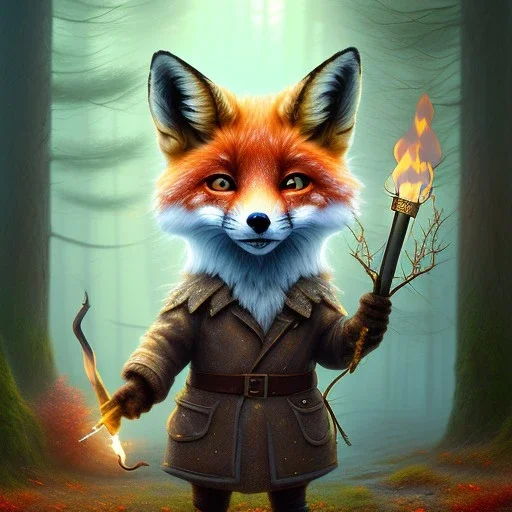 cute tall fox holding torch , wood and rope bridge in magical forest, spray painting, autumn foliage frame, fantasy art , sun, movie poster, Realistic photography, incredibly detailed, ultra high resolution, 8k, complex 3d render, cinema 4d, color corrected