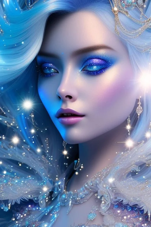 woman glitter blue fairy in a galactic ambiance, long blue hair, detailed gorgeous smile, delicate colors in the foreground, full of details, smooth, light effect，vaporwave colorful, smooth, extremely sharp detail, finely tuned detail, ultra high definition, 8 k, unreal engine 5, ultra sharpBeautyful smiling young woman, long hair amazing blue eyes, flowers, happy cosmic, bright colors, blue, pink, gold, jewels, realistic, photo real, clear sunny background, highly detailed, high contrast, 8k 