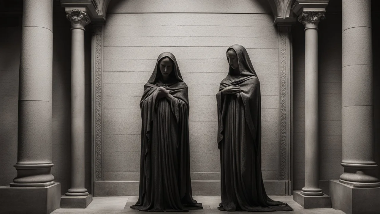 In front of the hallowed sepulchre, two women standing in silent vigil. Their faces, etched with sorrow and resilience, mirror the timeless grief of the original Pietà, yet their presence speaks to a different narrative, a story of sisterhood and solidarity in the face of adversity.