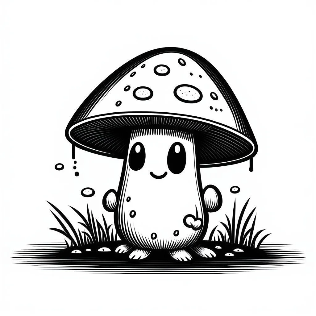 mushroom, black and white, cartoon, drawing, cute, creature, simple