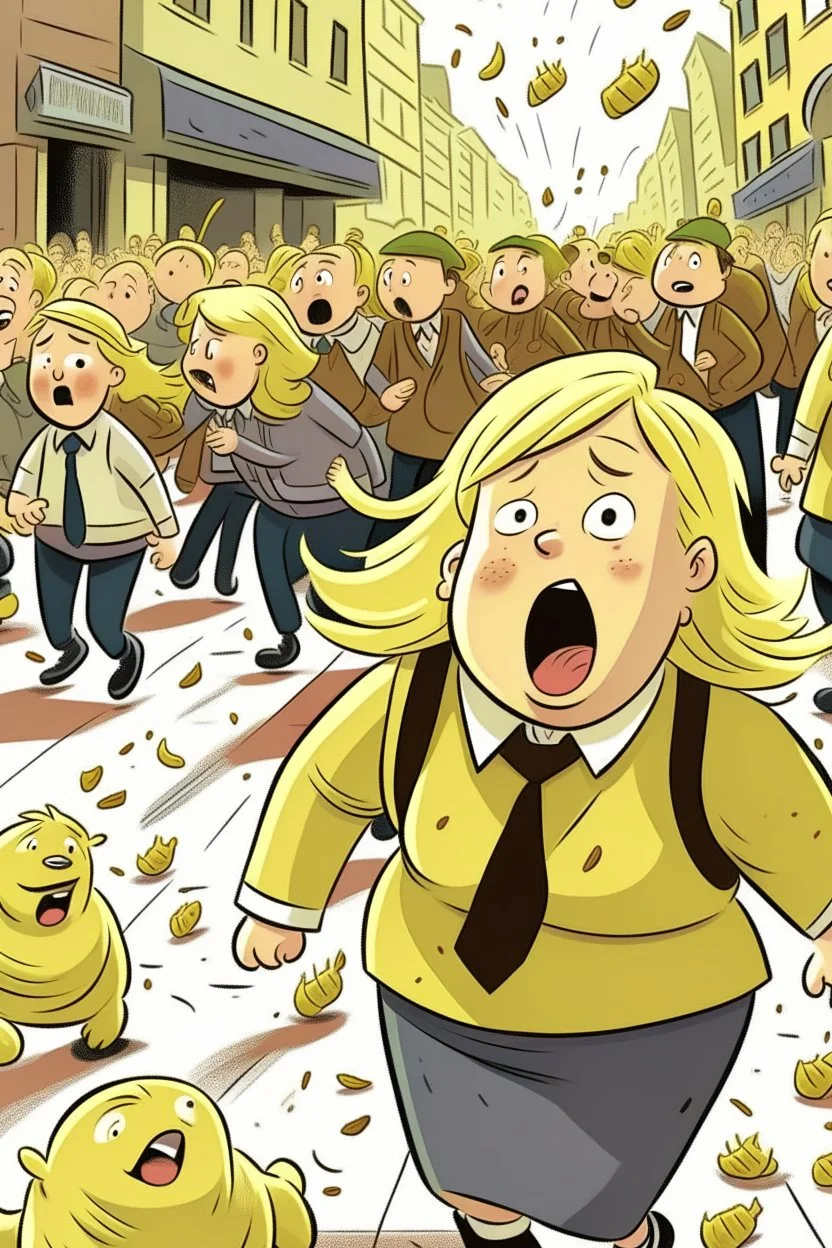 an obese terrified blonde woman crying and sobbing in a pant suit desperately running away from an angry mob of thousands of kindergarten kids chase her down a city street while holding books