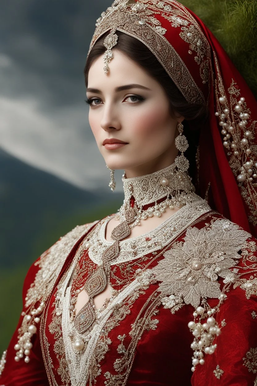 Circassian bride over the valley, close-up, proud beauty, cap, scarf, embroidered Circassian women's red wedding dress of the 19th century, top dress "jan", cross fasteners bibs, caftan "kIekI", top swing dress "sai" emphasis on small details and pattern , intricate beautiful, rich, complex pattern, pearls, gold beads, cabochons, on leather and velvet, gold braid around the edge, garus, gimp, watercolor, ink drawing, hyperrealistic, art photo, folklore