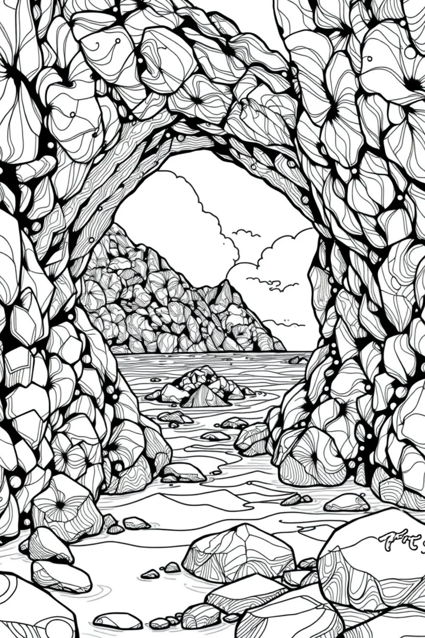 rocky seashore with natural rocky arch, zentangle Modifiers: line art zentangle mars™ oyama TingaTinga style