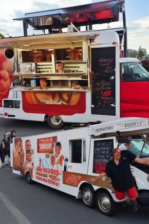 awesome looking food truck with many people lined up . Show the food truck fleet in the background.