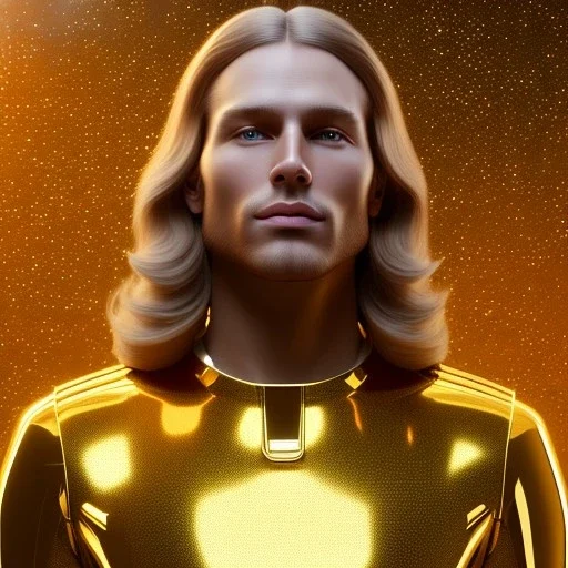 beautiful cosmic golden male, long hair, nice smiling, delicate colors, beautiful glamour galactic golden dress, ultra sharp focus, 8k, unreal engine 5, extremely sharp detail, light effect, soft light atmosphere of a spaceship, smooth, full of details, face in front, complete vision of face and body