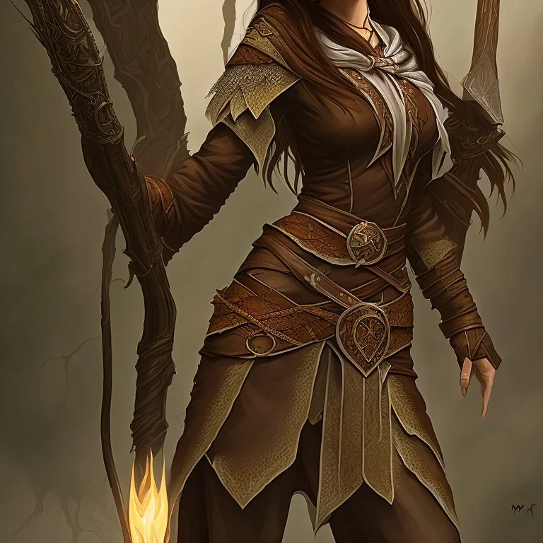 dungeons and dragons, female wood elf, druid, brown hair, brown eyes, full body, realistic face, short hair, large nose, closed mouth, leather armor, dark skin, one person, blue scarf