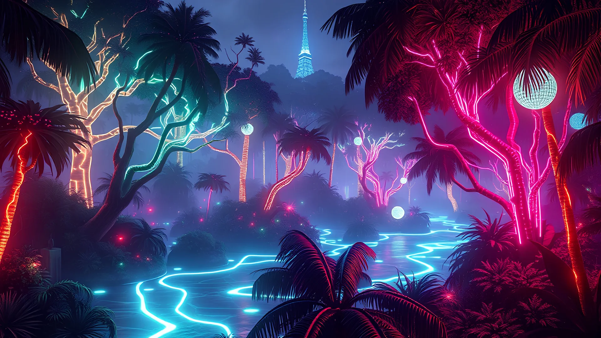 "Create a futuristic neon-lit jungle scene where glowing flora and fauna are combined with high-tech elements. The trees should resemble circuit boards, and the rivers should flow with liquid light, giving a surreal, cyberpunk atmosphere."