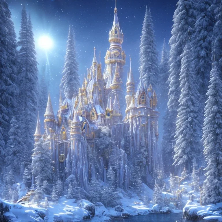  white and gold crystal castle，waterfall, winter snow flakessnow, northern Lights, full of details, smooth, bright sunshine，soft light atmosphere, light effect，vaporwave colorful, concept art, smooth, extremely sharp detail, finely tuned detail, ultra high definition, 4 k, unreal engine 5, ultra sharp focus