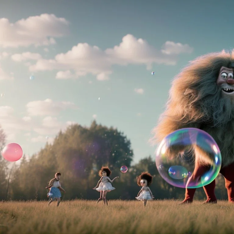 Ultra realistic circus scene. Sweet big hair monster flying. Child’s playing. one strong man, smile. happy, color bubbles, smooth color, waist up view, Wes Anderson style, dark ambient, highly detailed, concept art, unreal engine 5, god rays, ray tracing, RTX, lumen lighting, ultra detail, volumetric lighting, 3d, finely drawn, high definition, high resolution.