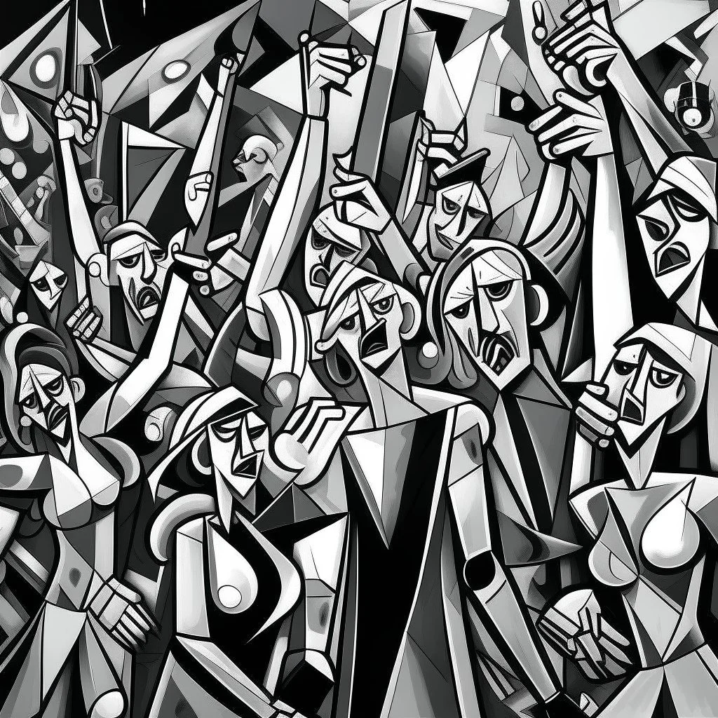 picasso cubism crowd of people black and white screaming with guns