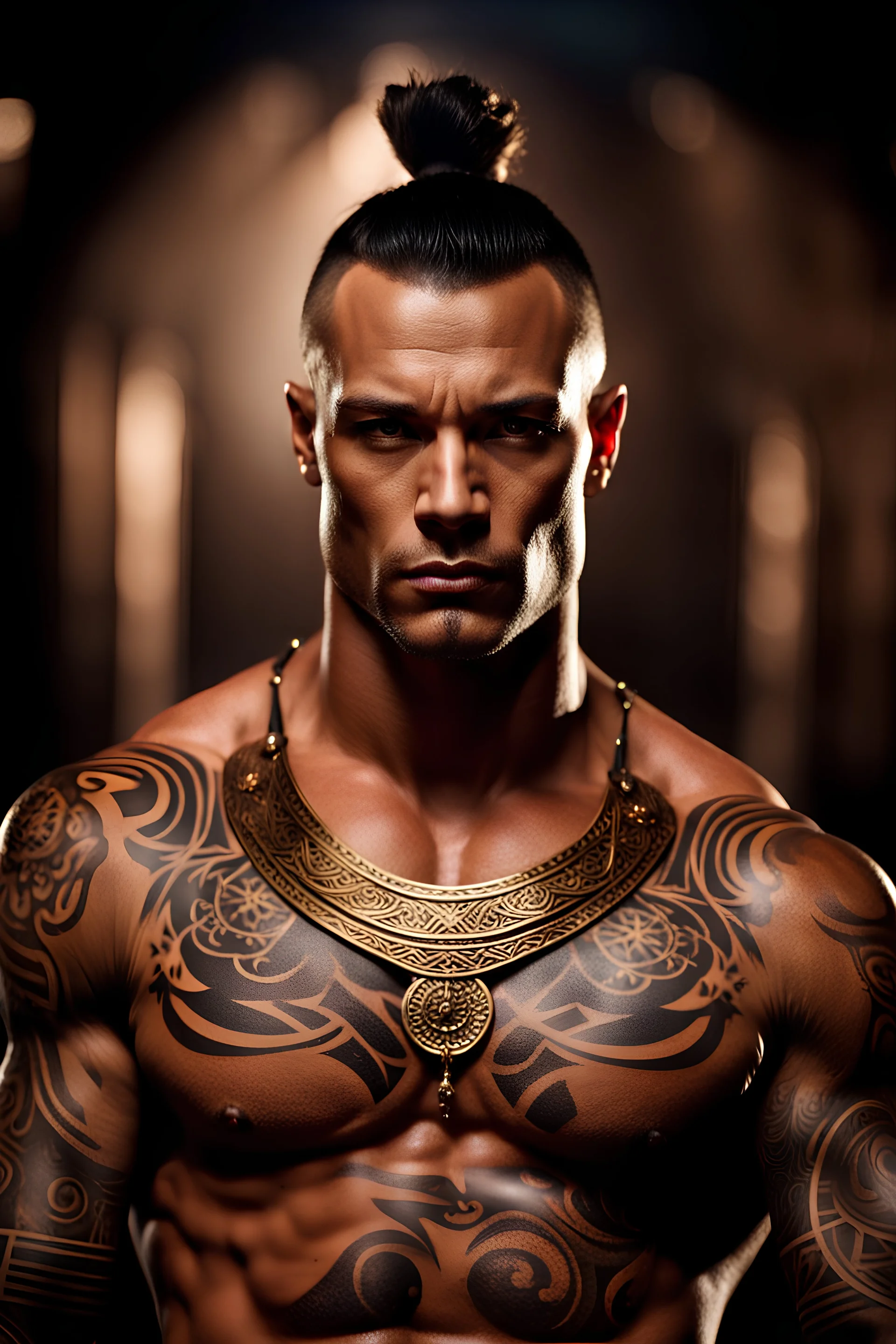 portrait of a 35 year old Handsome muscular warrior with light bronze skin adorned with tattoos. photorealistic