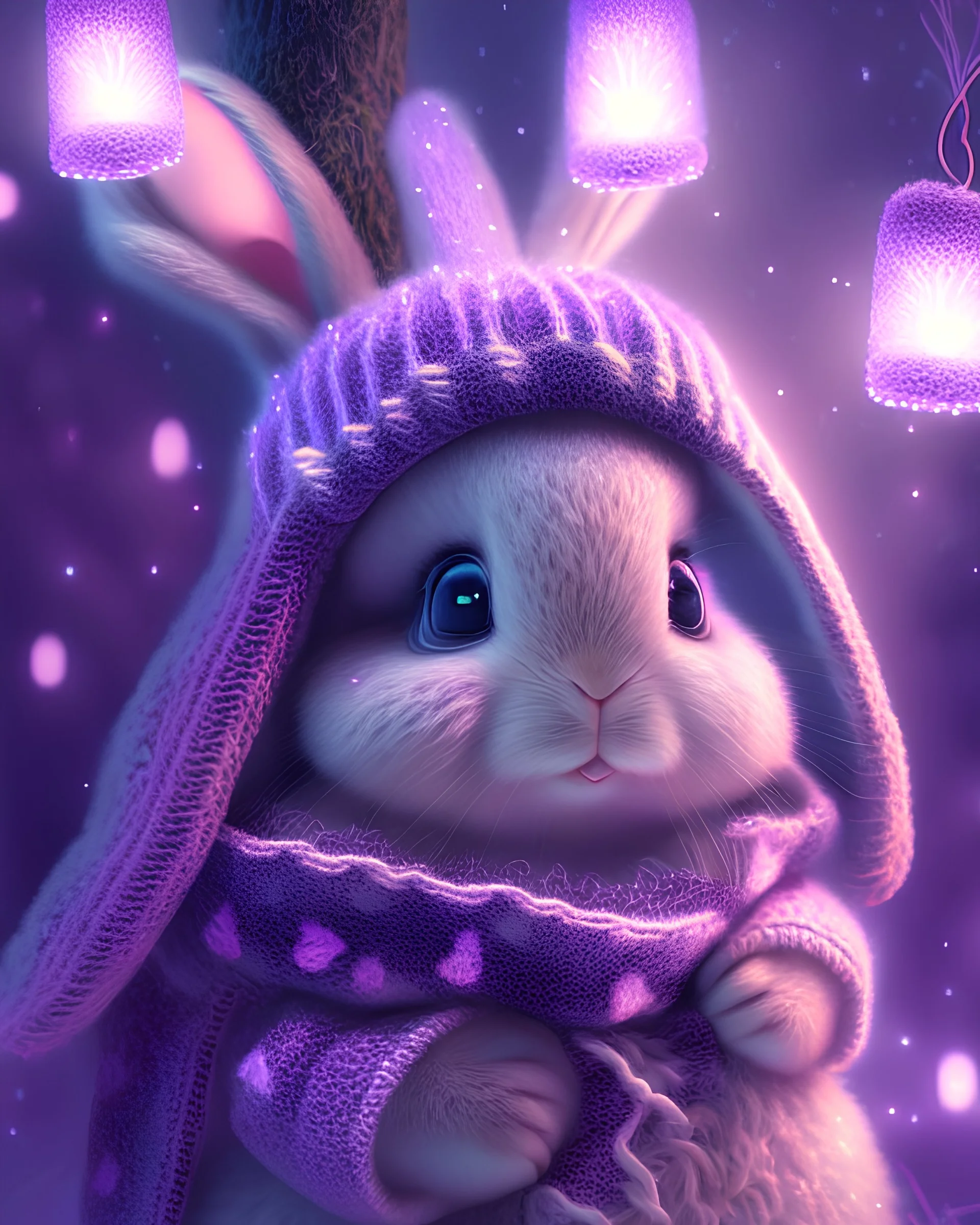 pink cute bunny in a knitted hat, in the midst of flickering lights, a magical forest, lilac fog, a cute muzzle, butterflies on a bunny’s jacket, a handbag with a picture of this bunny, bright eyes, soft fur, three-dimensional pattern,