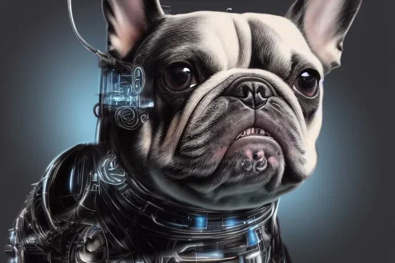 dogpunk cybernetic biomechanical french bulldog, front facing, symmetric, very coherent symmetrical artwork, octane realistic render, 8k, micro detail, intricate, elegant, highly detailed, centered, smooth, sharp focus, illustration, artgerm, artstation, tomasz alen kopera, wlop