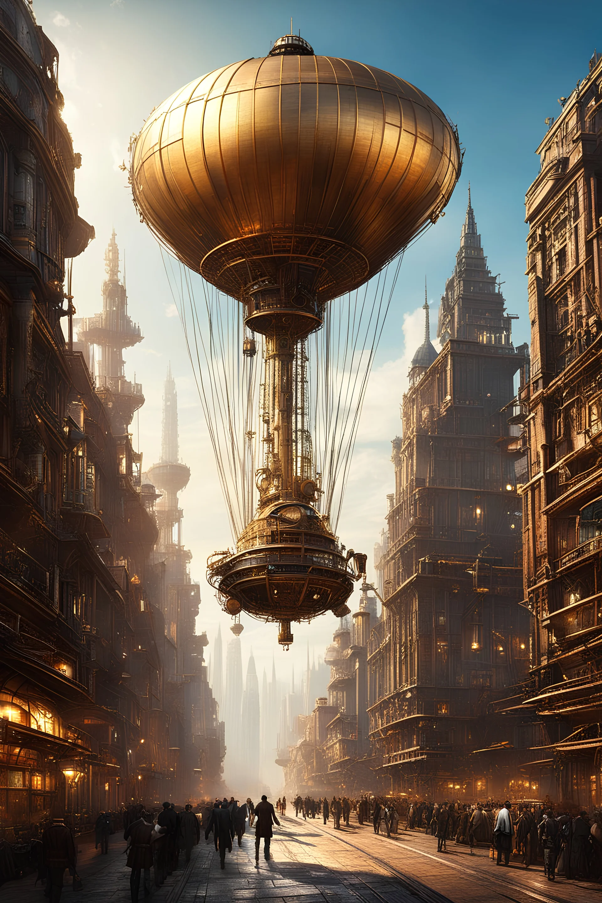 create a render: In a metropolis of steampunk wonders, envision a cityscape where towering skyscrapers of brass and iron pierce the skyline. Glide through this industrial marvel as airships, fueled by the rhythmic hum of mechanical ingenuity, gracefully navigate the spaces between these majestic structures. Inspired by the imaginative flair of Jorge Jacinto, picture a bustling steampunk world where the fusion of Victorian aesthetics and futuristic technology gives rise to a visually stunning urb