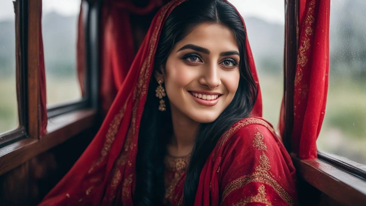 Hyper Realistic Photographic Close View Of A Beautiful Pakistani Pashto Young Woman Sitting Inside A Traditionally Crafted Pakistani Buss And Looking Outside From That Pakistani Buss's Window, Woman Is Smiling, Have Beautiful Eyes & Beautiful Long Black Hair Whirling From Outside Window (Wearing Red Dress With Maroon Embroidery & White Dupatta) At Beautiful Rainy Weather Showing Dramatic And Cinematic Ambiance.