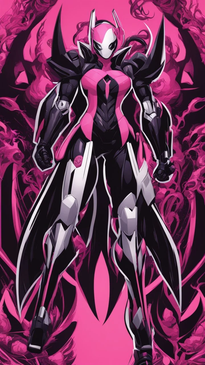 A close picture to Mix between gwenpool and symbiote, symbiote venom with transformers, high details machine, pink and black custom, intricate details, highly detailedin in solo leveling shadow art style