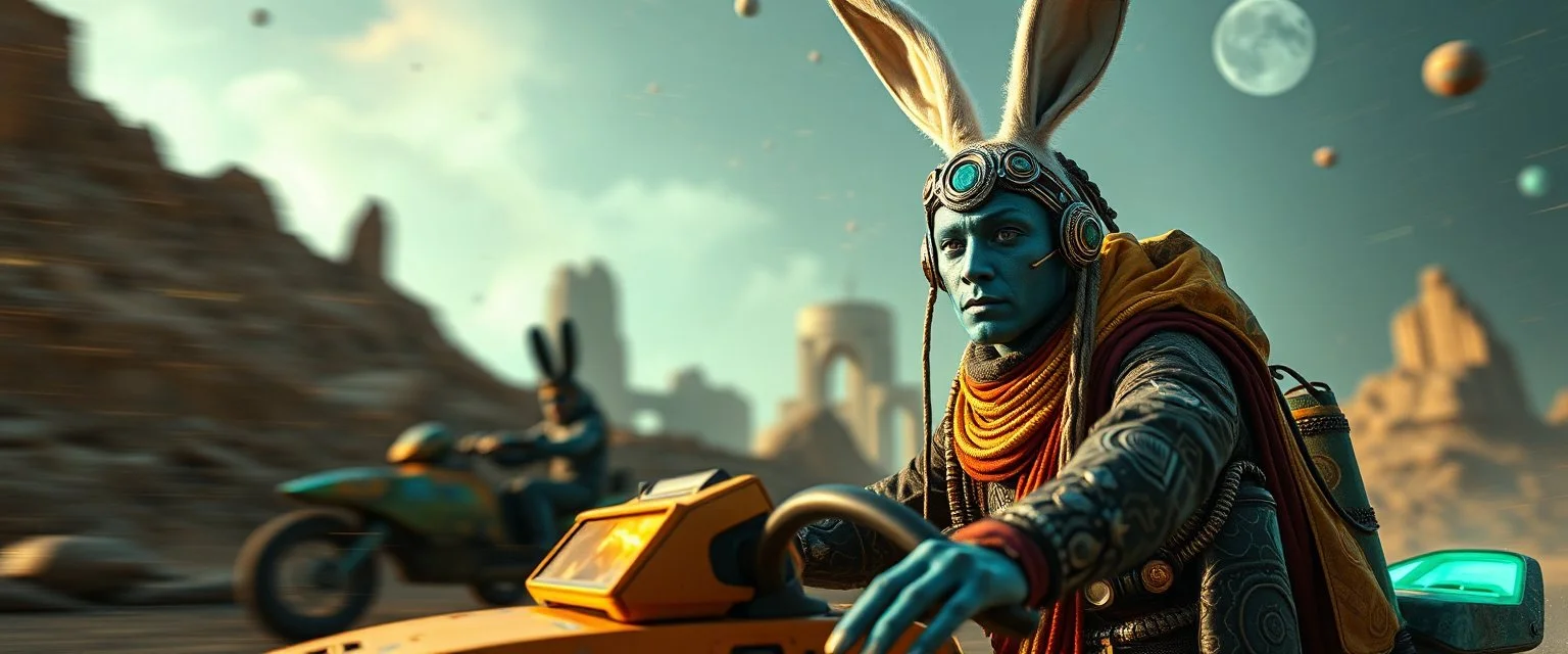 portrait with bluegreen bunny man squad with indian skin, space race on mega vehicle, From the shadows, they rise, with a spark in their eyes, Ethereal echoes of a world we once knew, With the glam and the glamor, we reach for the skies, Cosmic rhythms pull us through, [Chorus] Suti came for our world, with the power to ignite, Dancing through the stars, we find our light. motion blurred background of ancient space ruins