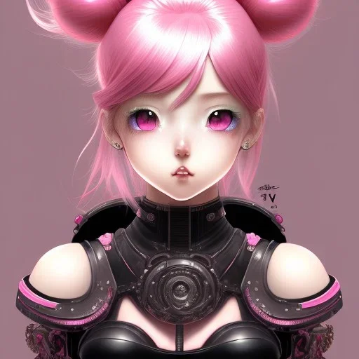 Detailed cute anime Kunoichi girl, pink hair buns, pink bangs, black latex bra, intricate details, big boobs, full body portrait, keep head in frame, slight smile, black Japanese motif, concept art, highly detailed, digital painting, concept art, sharp focus, illustration, art by Yoji Shinkawa, WLOP and greg rutkowski and alphonse mucha and artgerm and yanjun Chen and Junji ito and Makoto Shinkai, HDR, octane render