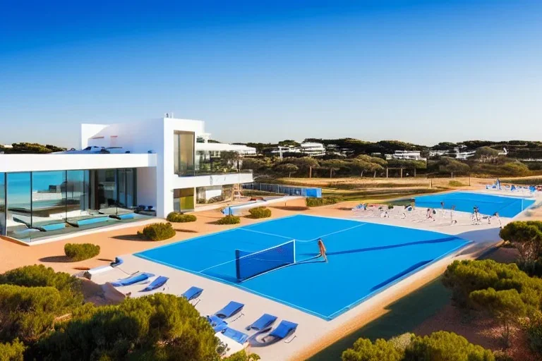 Sunset algarve in quinta do lago, one straight line building of 250 meters long modern luxury architecture with pool on rooftop, with green roofs and sun loungers next to pool, overlooking a tennis and padel sport facility and inserted in the Ria Formosa Natural park, on a slope with pinus pinea, a wrap around low speed veicular road