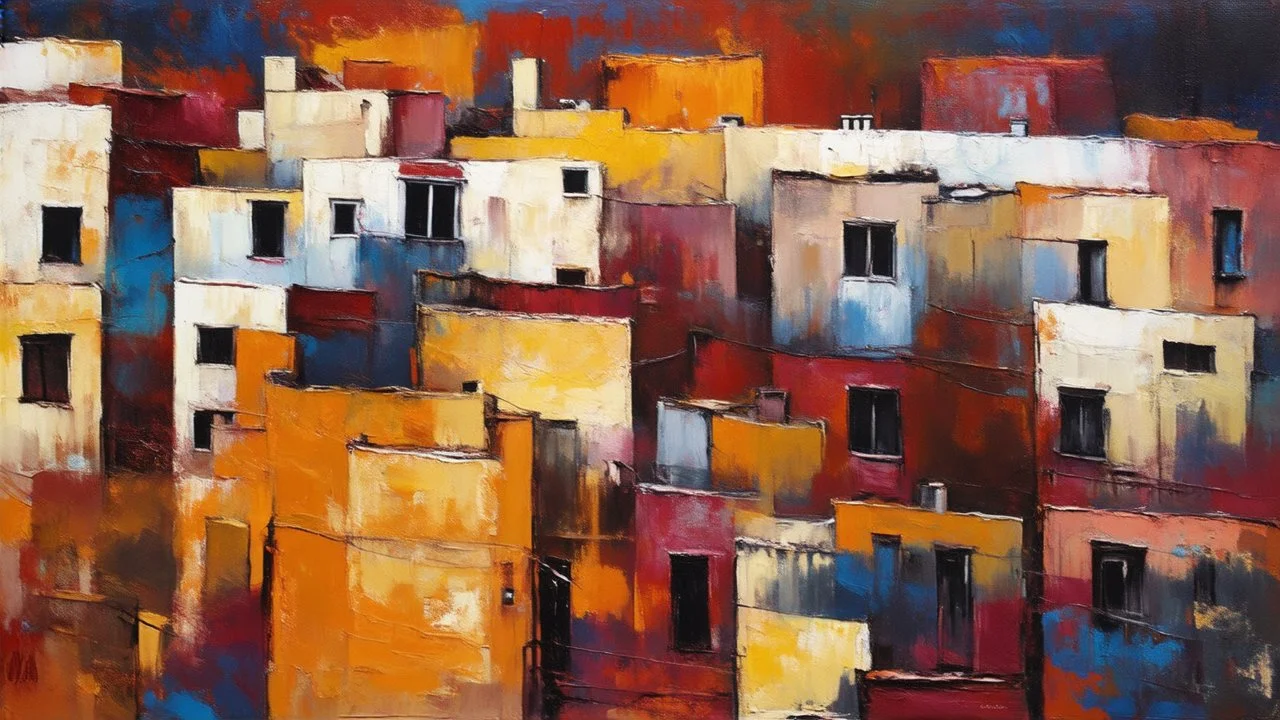 A colorful abstract cityscape with densely packed buildings in warm tones of orange, yellow, and red, set against a dramatic sky with swirling colors