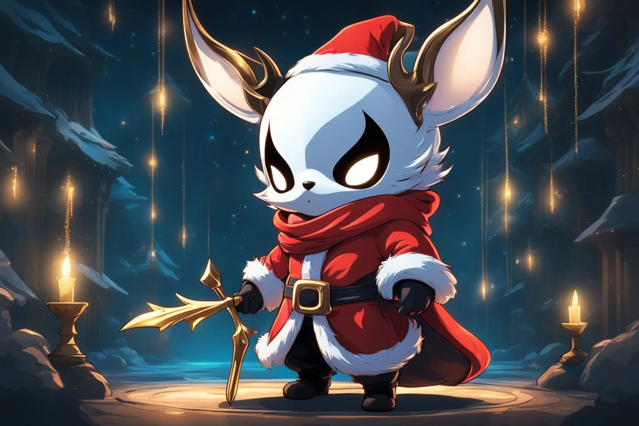 Chibi santa-claus in 8k solo leveling shadow artstyle, in the style of fairy academia, hollow knight them, mask, close picture, neon lights, intricate details, highly detailed, high details, detailed portrait, masterpiece,ultra detailed, ultra quality