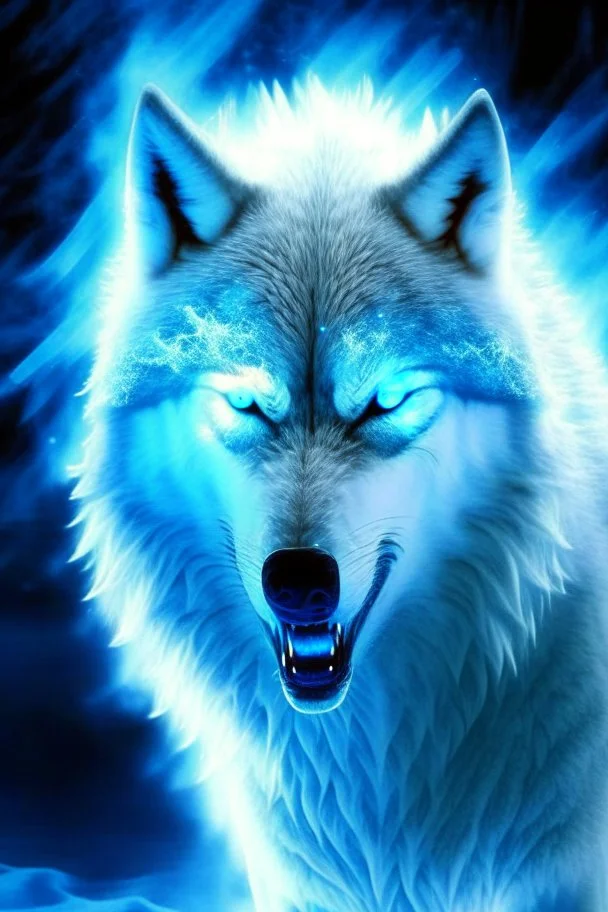 winter white gagantuan wolf beast angry glowing eyes breathing ice blue fire