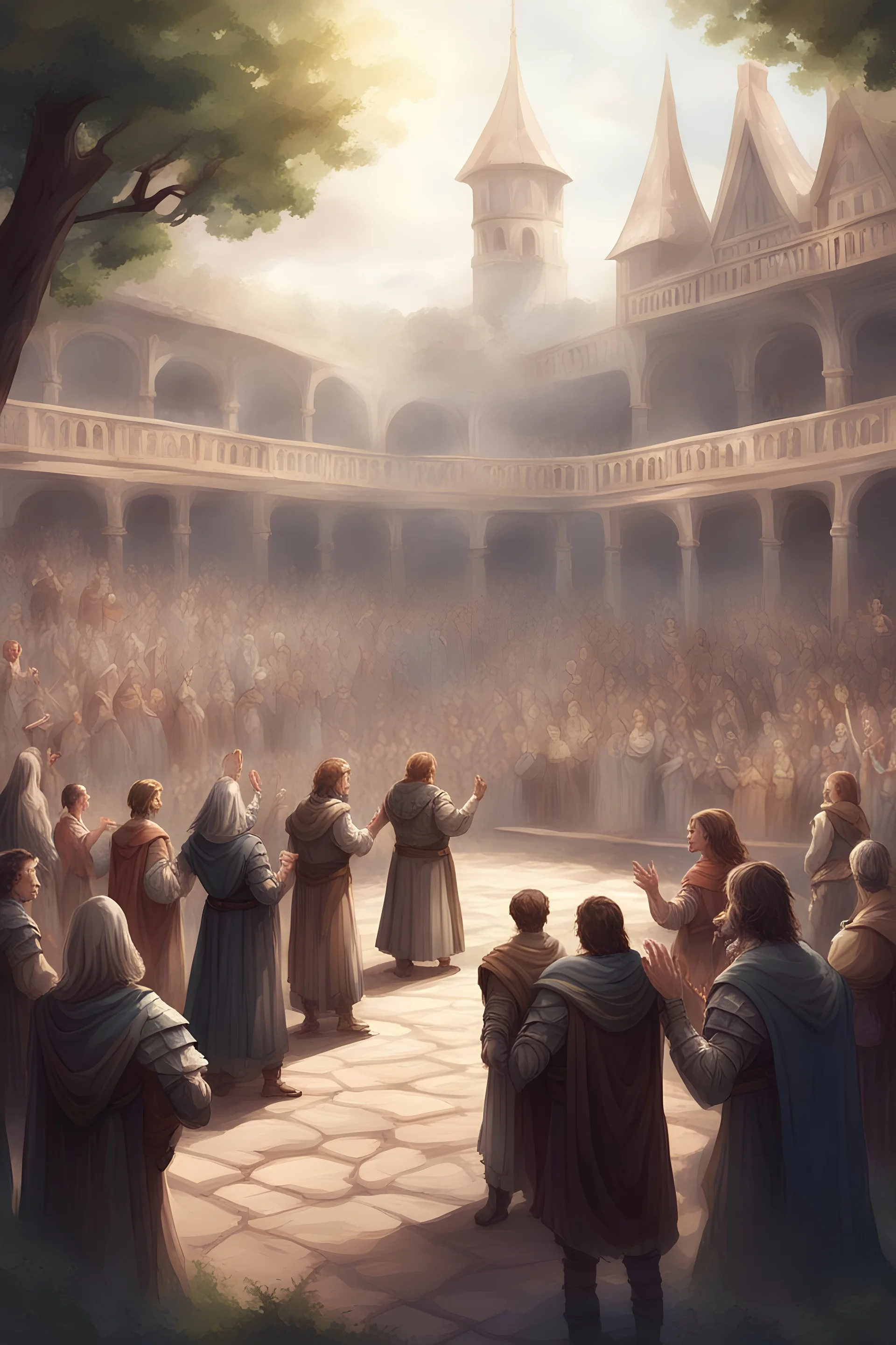 illustration fantasy medieval people applauding in arena outdoors