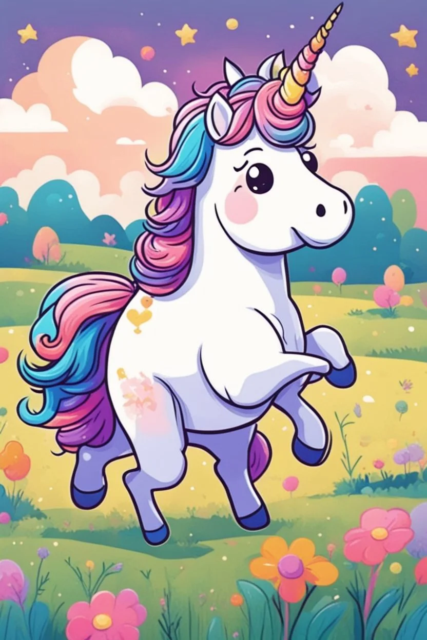 kids illustration, a cute unicorn playing in field, cartoon style, thick line, low details, vivid color