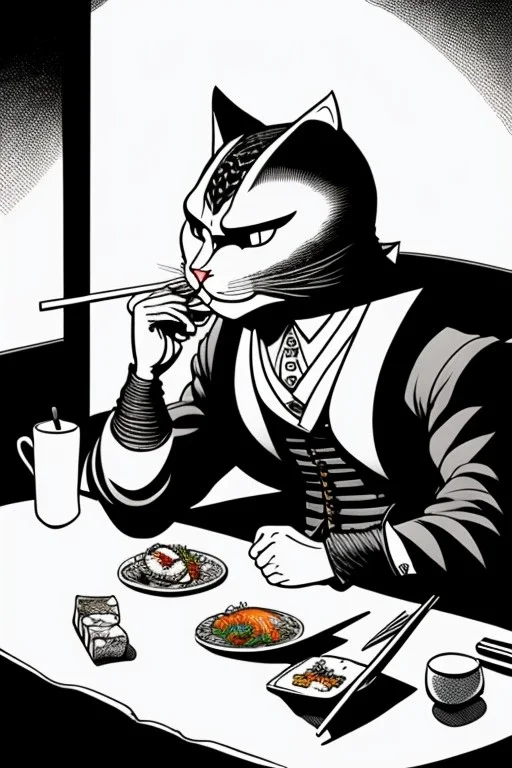 Cat, sitting at a table, eating sushi,perfect iris, ink and pencil, style Carl barks