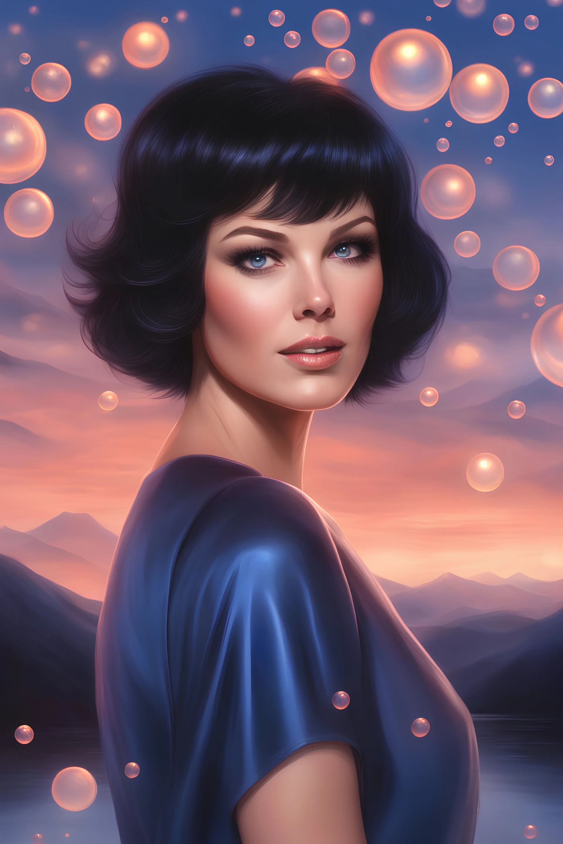 3D Bubbles, Floating hearts with an electrical current, fog, clouds, somber, ghostly mountain peaks, a flowing river of volcanic Lava, fireflies, a close-up, facial portrait of a totally gorgeous Marie Osmond with short, buzz-cut, pixie-cut Black hair tapered on the sides, wide open, cobalt blue eyes, smiling a big bright happy smile, wearing a hoodie over a red bikini, in the art style of Boris Vallejo