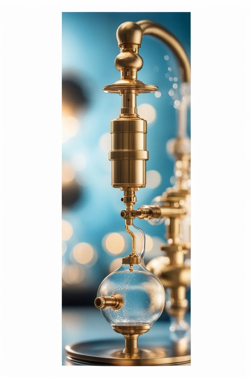 create a high quality poster from a brass water manifold for product reveal with professional photography techniques , semi ocean blue background, a dreamy blurred with bokeh background ,with excellent warm lighting, on a luxury scenes in a studio ,bulbs of clear water , on a pice of vevlet