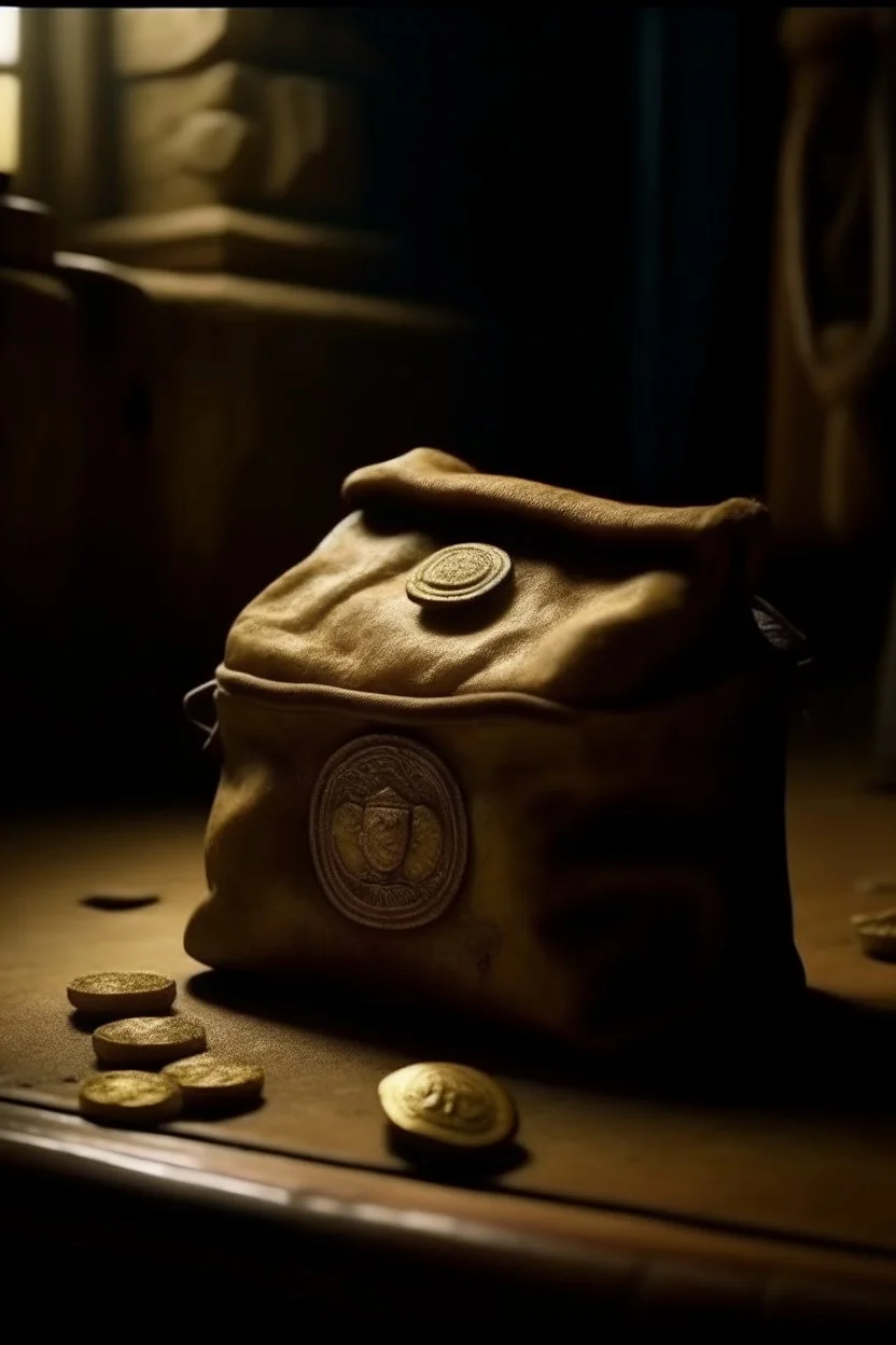 in the BASEMENT there is an old, broken brown oblong leather chest with short handles, from which gold coins from the time of Catherine the Great fall out. The ancient coat of arms of tsarist Russia, the double-headed eagle, is BARELY VISIBLE on the bag. There are a lot of broken bricks and earth around the bag. All in high quality 8K
