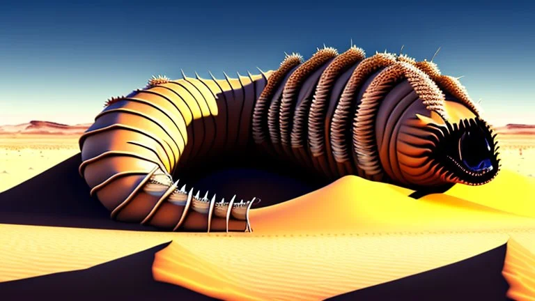 In the desert in the dunes a large sandworm full screen, concept art