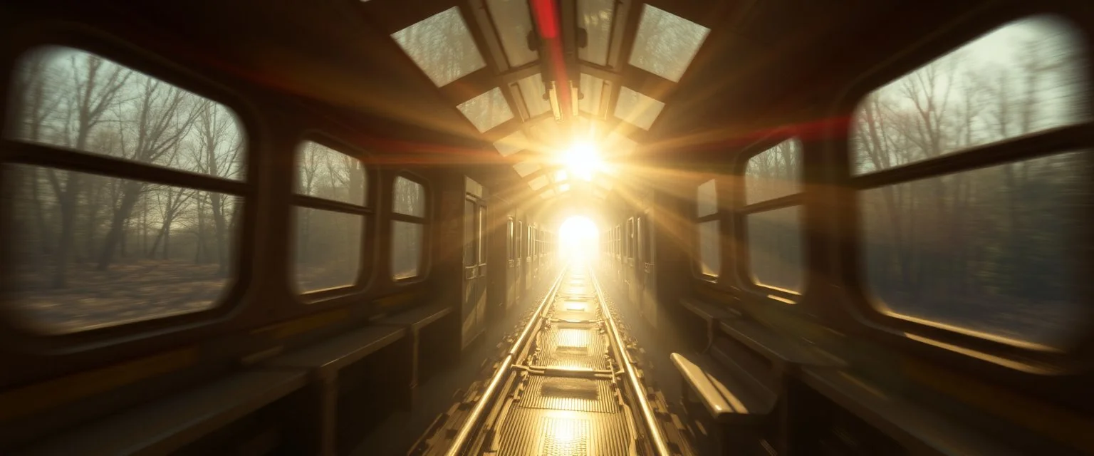 get inside the rabbit train in the style of Rembrandt and Fallout 4, with motion blur and volume fog and sun rays and lense flare