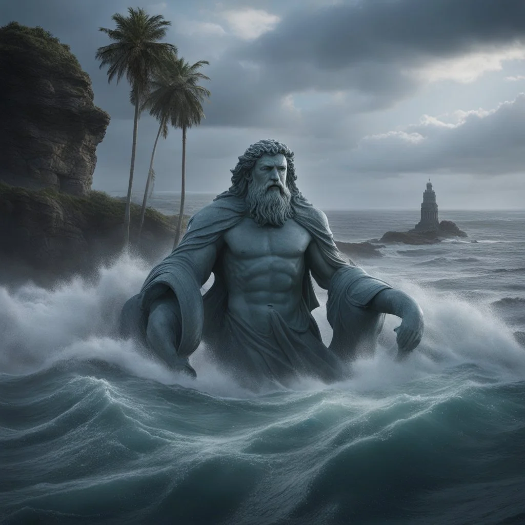 **Cinematic Art:** Visualize colossal, ancient statues emerging from the sea, their outstretched arms holding back storm surges. These guardians symbolize resilience and protection against coastal flooding. Wide-angle shots capturing the vastness of the ocean and the statutes imposing presence. **Appearance:** Cinematic art ideas that that encapsulate the essence of constructing and optimizing flood and stormwater infrastructure in geographical and coastal areas prone to natural disasters. These