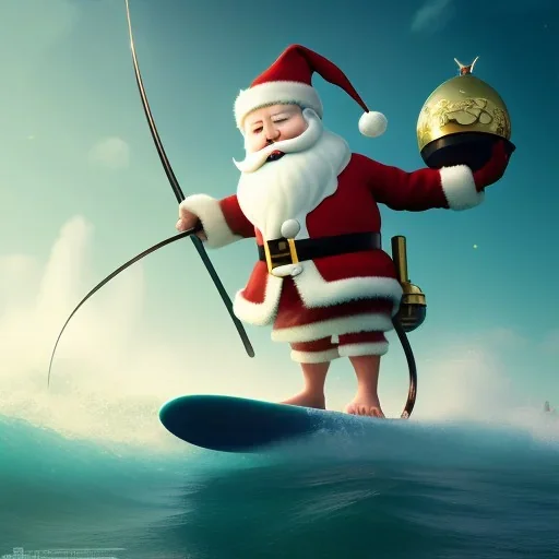 Santa standing of surfboard surfing a big wave, surfboard, beach, character design by cory loftis, fenghua zhong, ryohei hase, ismail inceoglu and ruan jia. unreal engine 5, artistic lighting, highly detailed, photorealistic, fantasy