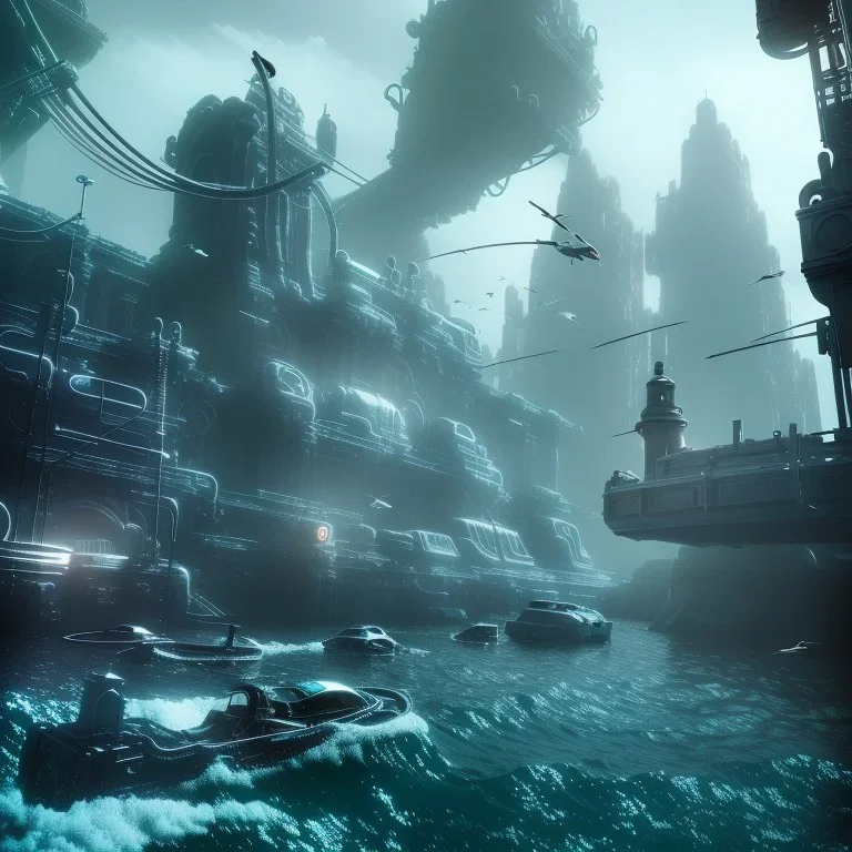 underwater futuristic city , fish swimming around, Poseidon, highly detailed, cinematic, ultra photorealistic, ultra realistic, volumetric lighting