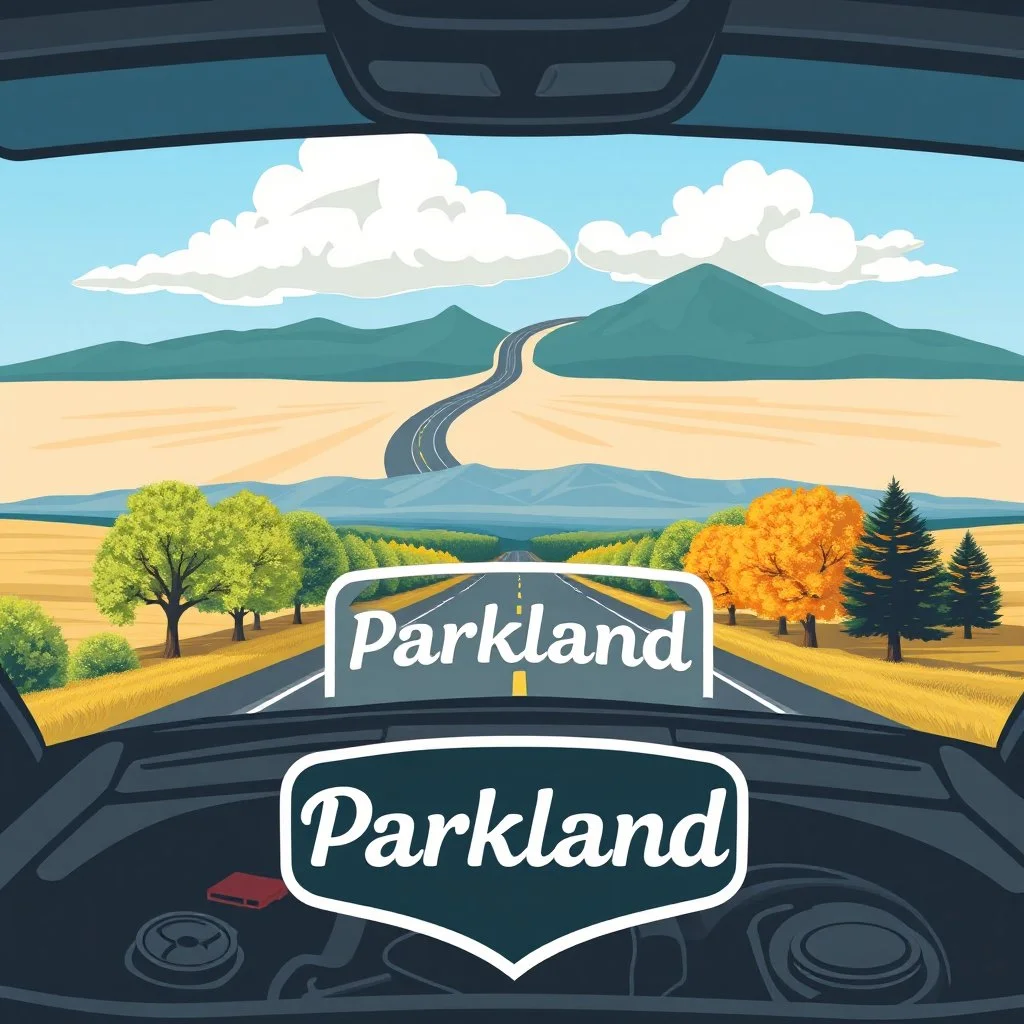 design for a shop that does oil changes, top has elements of beautiful park highway drive on flat land with elm and poplar trees, bottom shows the engine under car hood. on windshield is written "Parkland", all inside a shield shape with squared top and rounded bottom, in the style of national parks stickers