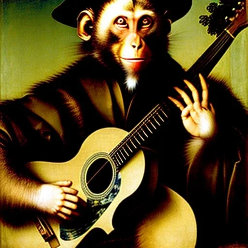 oil by albrecht durer of a monkey playing a guitar, 6 strings