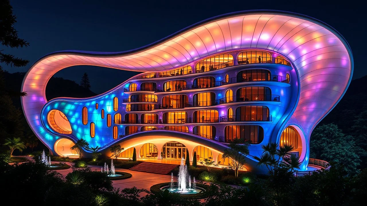 Inspiring organic futuristic fantasy building at night, inspired by the shape of spiral sea-shells. Iridescent walls made of shimmering, innovative semi-transparent opalescent materials. The happy building has large, curved, intriguing elongated windows, many curved balconies. The building is surrounded by gardens and fountains and set deep in a forest. Award-winning photograph, beautiful composition, joyful vibe, wonderful excitement