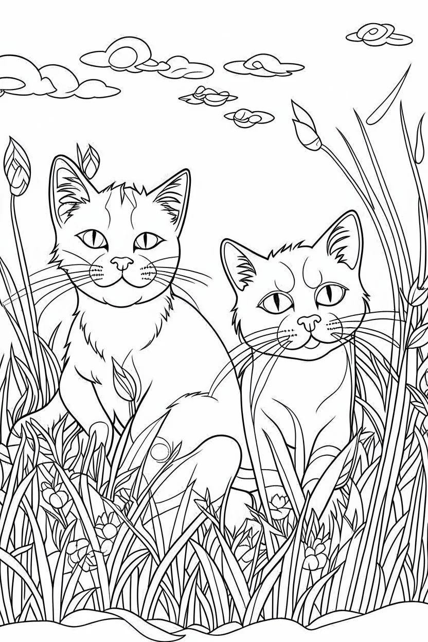 coloring page for kids, Cats in the grass, cartoon style, thick lines, low detail, no shading