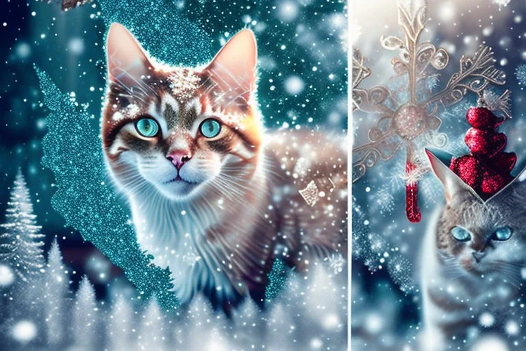 Double exposure, merged layers, Christmas fantasy, cat Christmas ornaments, gifts, double exposure, snowfall, heart, snowflakes, icy snowflakes, burlap, gems and sparkling glitter, sunshine