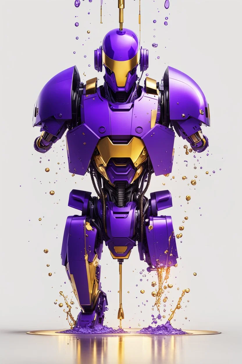 Human Like Cyborg, Royal purple and Gold, Combat Robot, Dangerous, Strong, Destroyed, Inside a Vat of Liquid