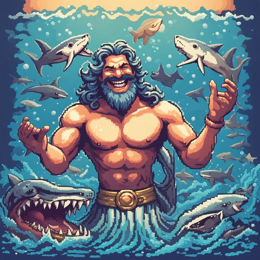 the sea god Poseidon, taking selfie with sharks, smiling, retro pixel art, detailed,