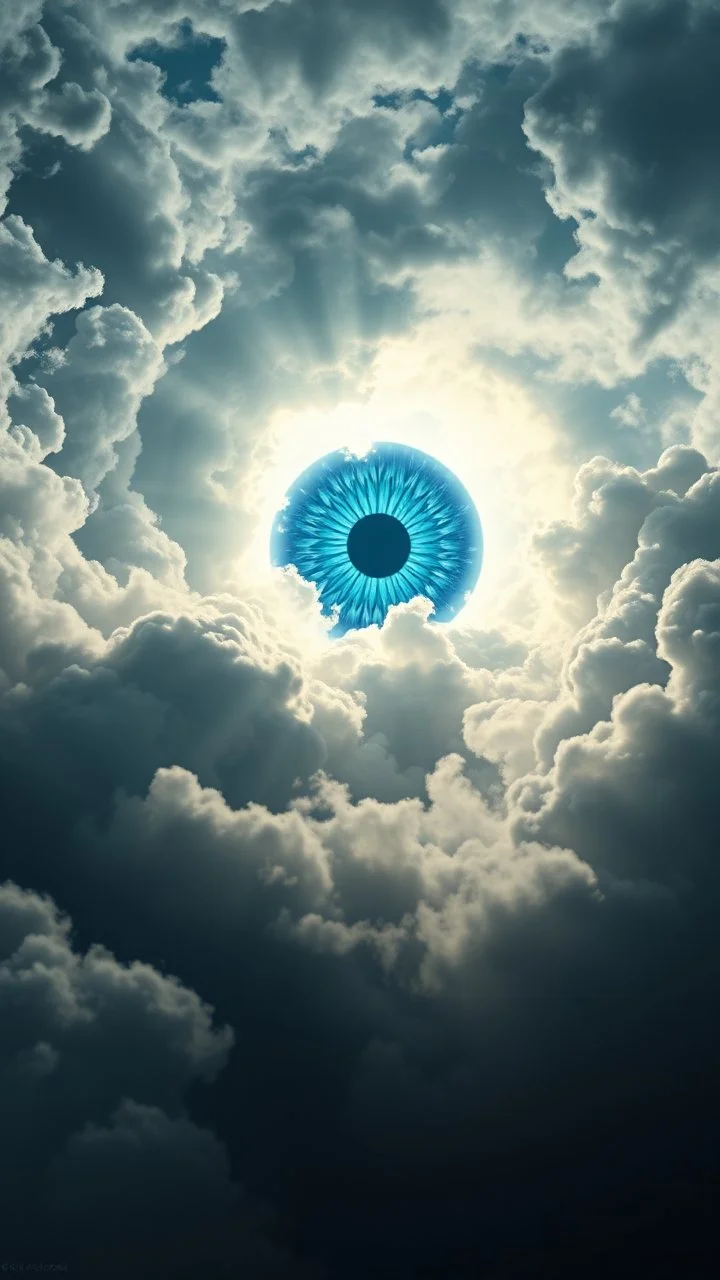 A huge blue eyes above swirling clouds, emerges from the heart of a raging storm. Turbulent winds of steam swirl around the sun lit by shafts of sunlight that cast dramatic shadows on the A beautiful eye High quality 16k cinematic scene and great photography
