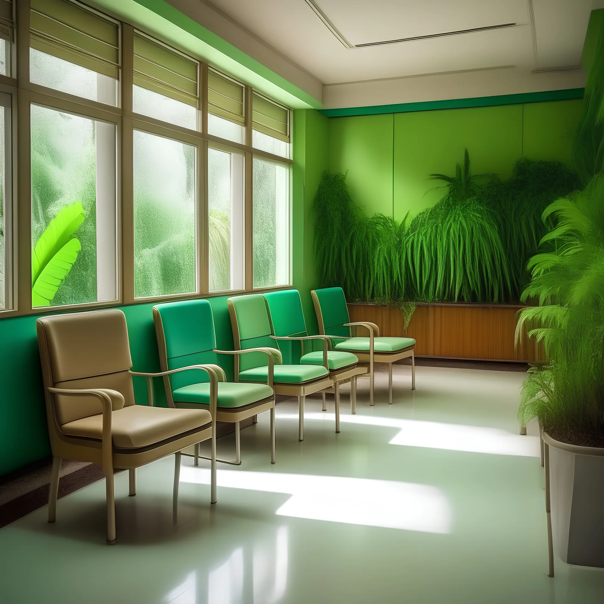 Salle d'attente, hôpital, chaises vert es pastel, et bois, au coeur de la jungle