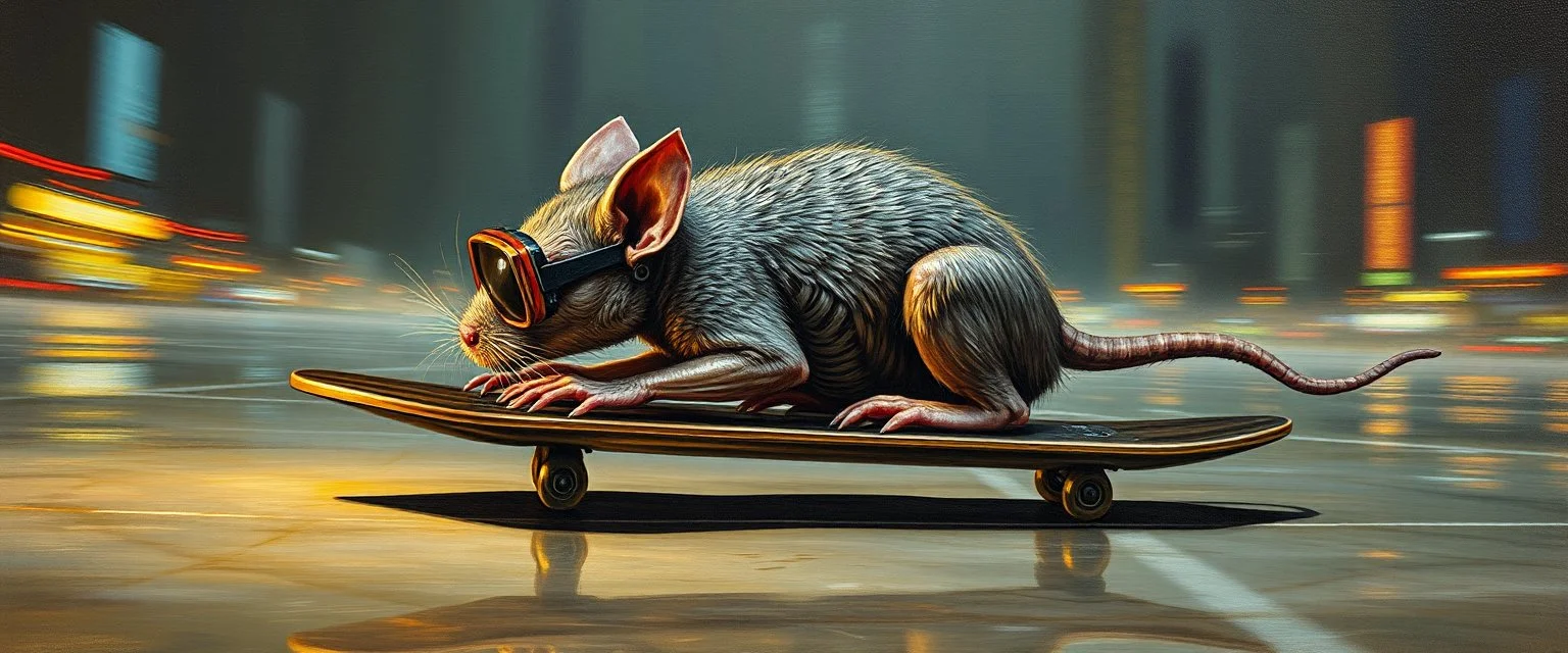master oil painting by Rembrandt,the tilted quilter,glasses and ticks, cyberpunk imagery synchronized mechanical gremlin rat bat laying low, drumming kit flat board trike flickering stable core, wet reflective salt flat city, fast motion blur background, translucent tubes