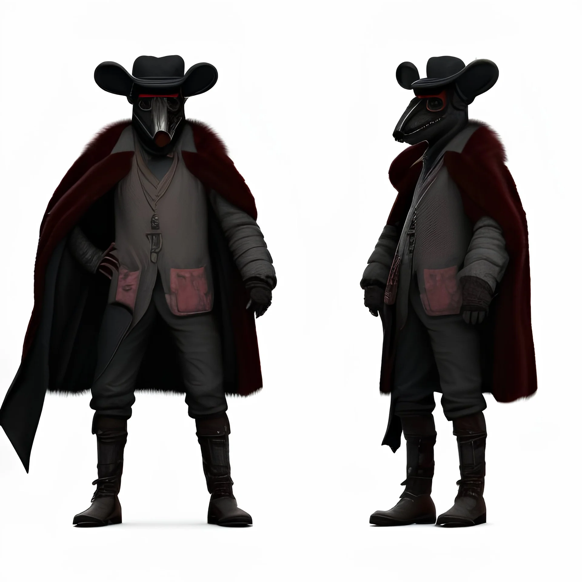 alchemist dnd character with a plague doctor mask and wearing a fur coat