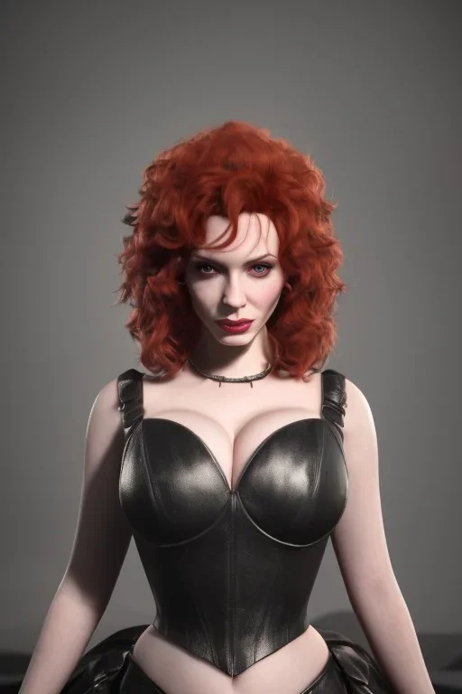 Christina Hendricks as evil queen in black leather gown, cleavage, angry, unreal 5, octane render,cinema4d, dynamic lighting, dramatic lighting, 4k, redshift render, highly detailed, hyper realistic